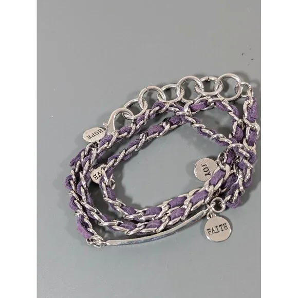 Premier Designs Wrap Bracelet Purple Woven Chain Love Hope Faith Charm22" - Picture 2 of 6